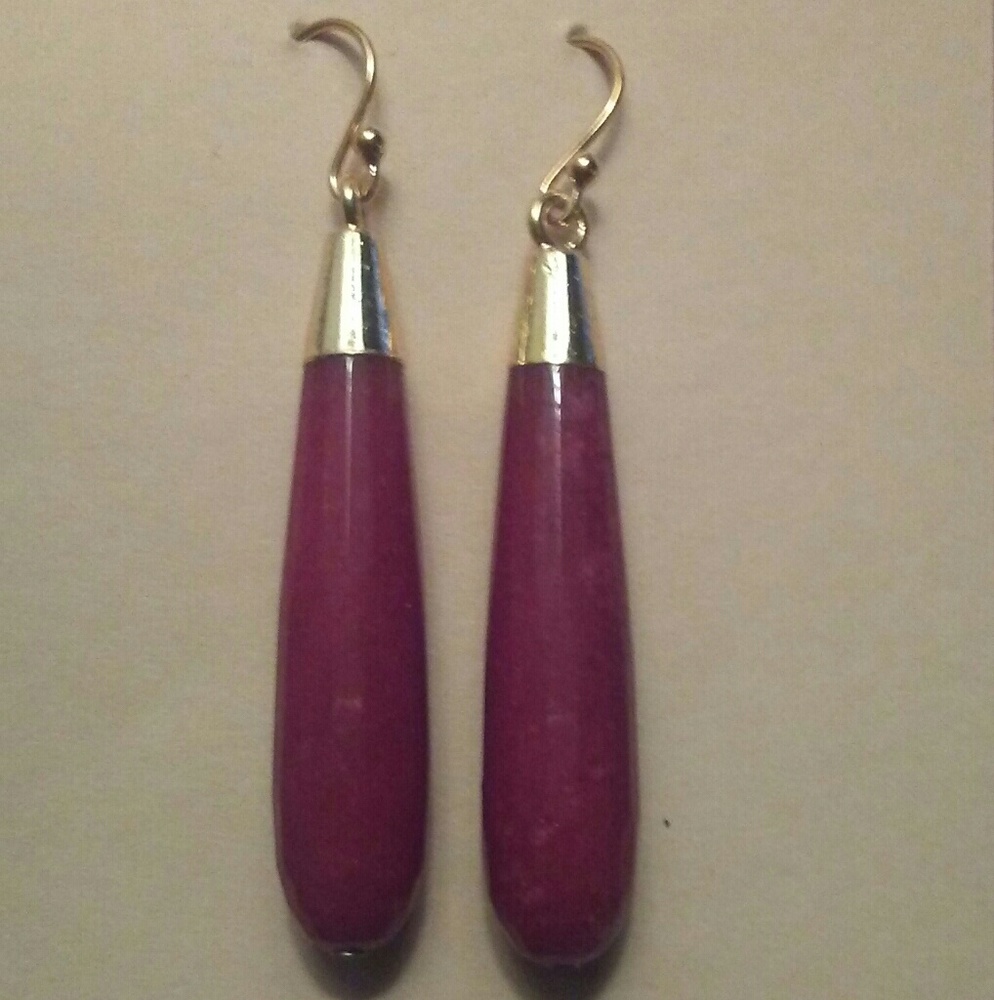 Earrings dangle style red jade 14kt gold plated